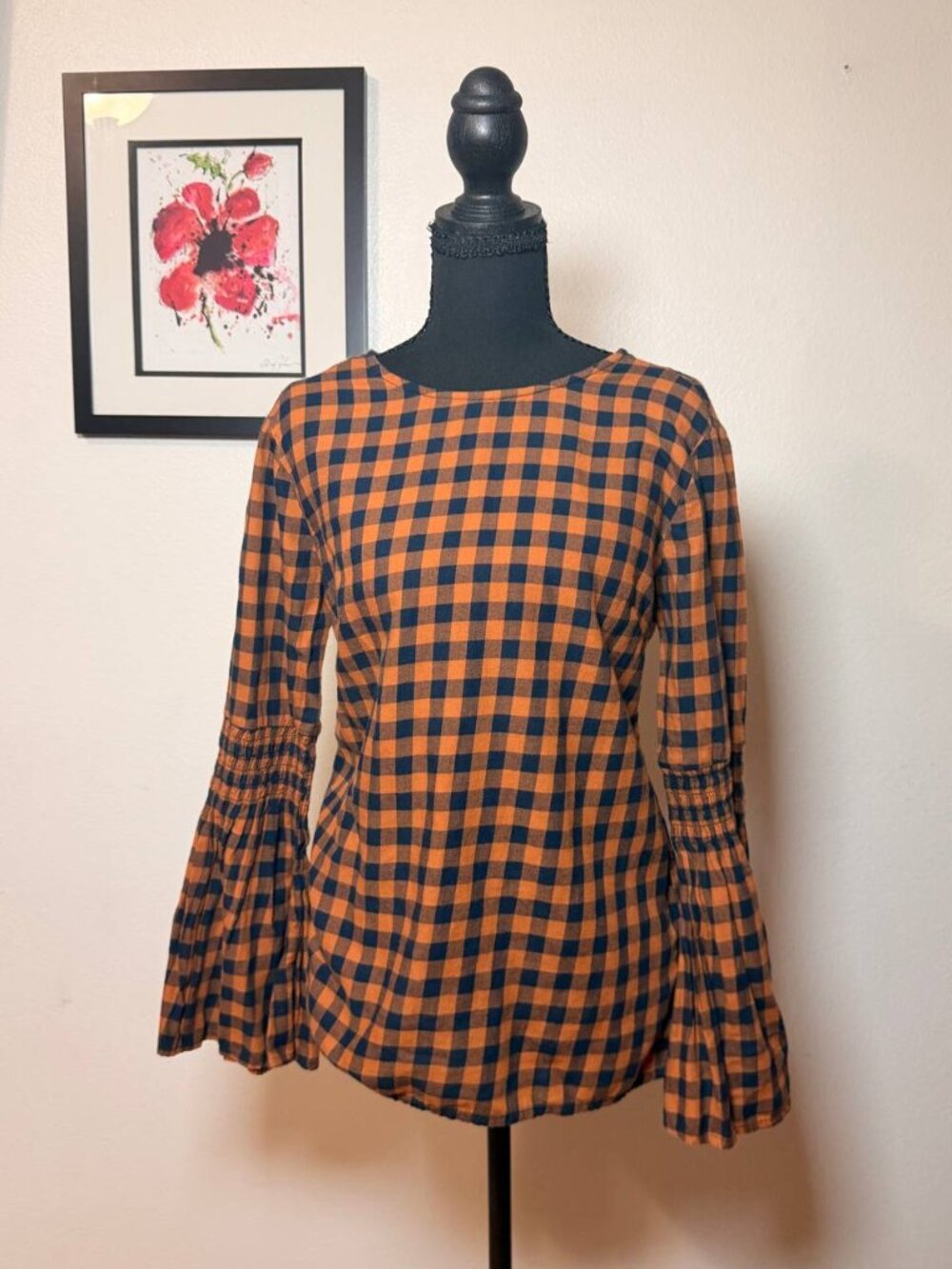 Fall Buffalo Plaid Bell Sleeve Top Cottagecore Orange Navy M